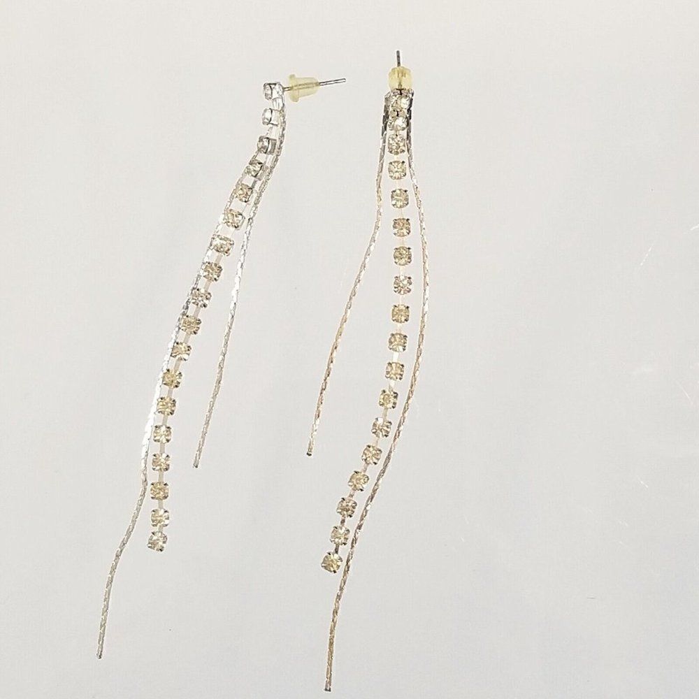 Crystal Rhinestones Silver Chains Dangling Drop Tassel Earrings 3 Strands 4" L